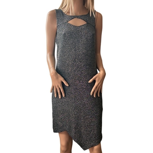 Vero Moda Dress Shift Fancy Black Silver Metallic Singlet Short Asymmetrical Hem - Picture 3 of 13